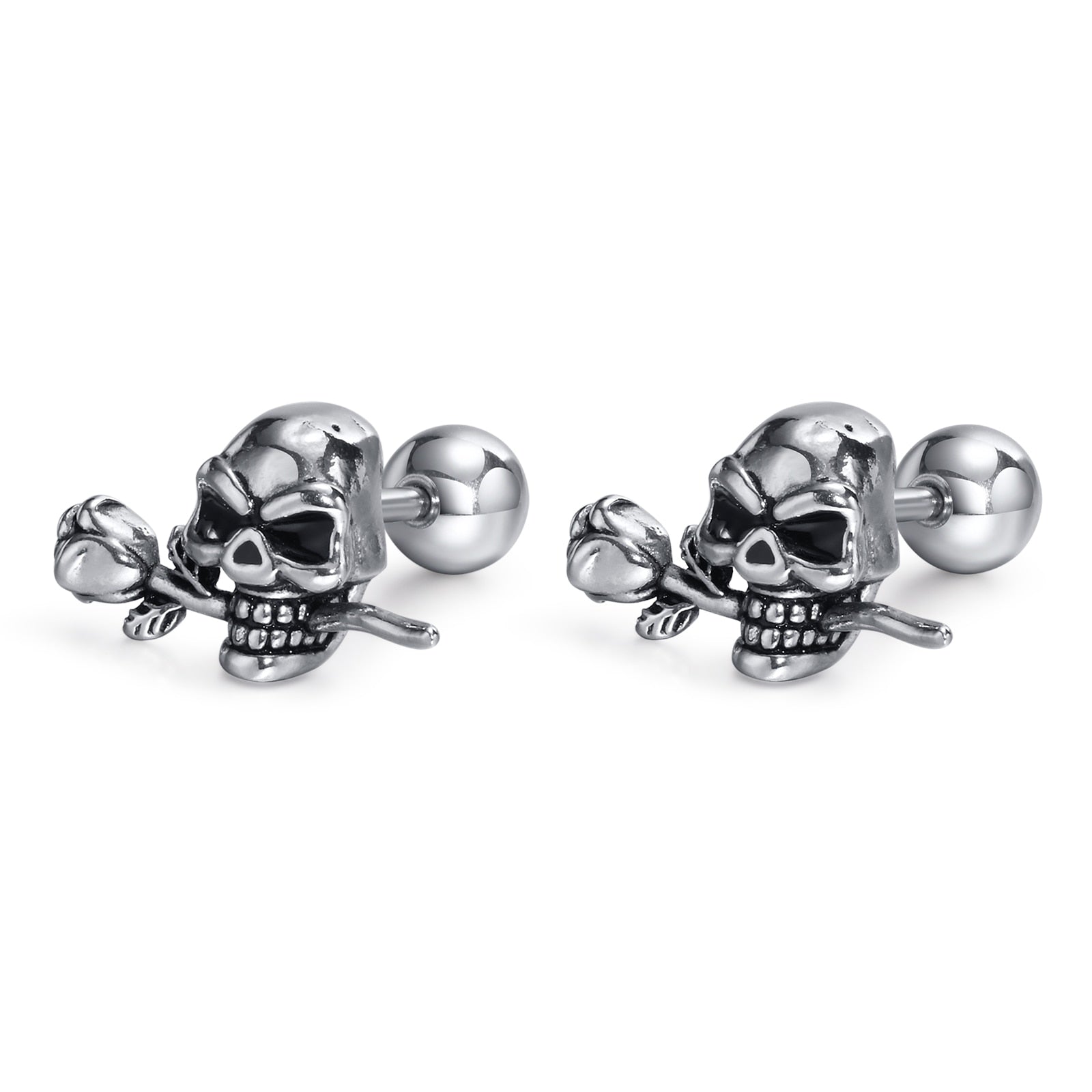 Gothic Skull And Rose Stud Earrings