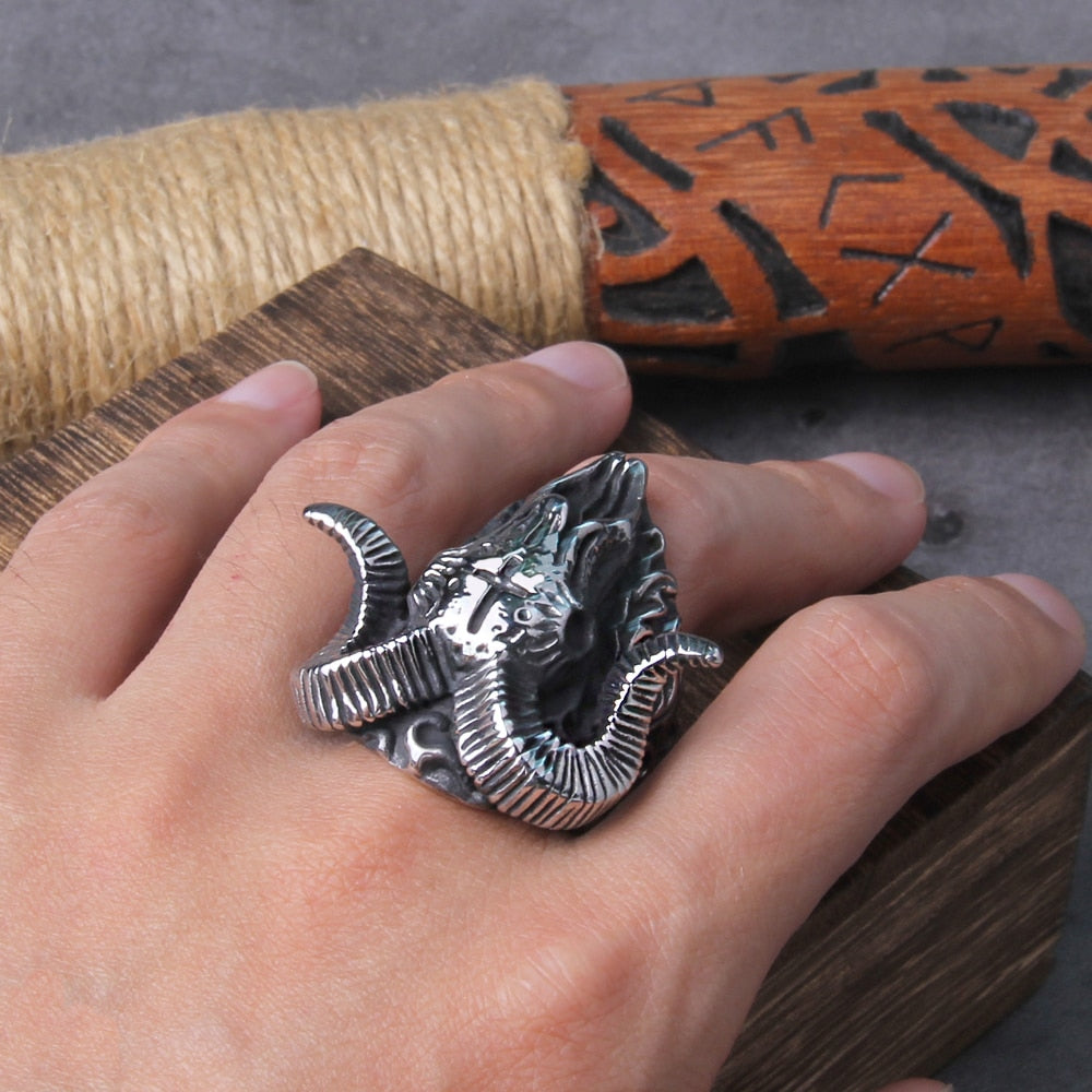 Baphomet Skull Ring silver on a hand