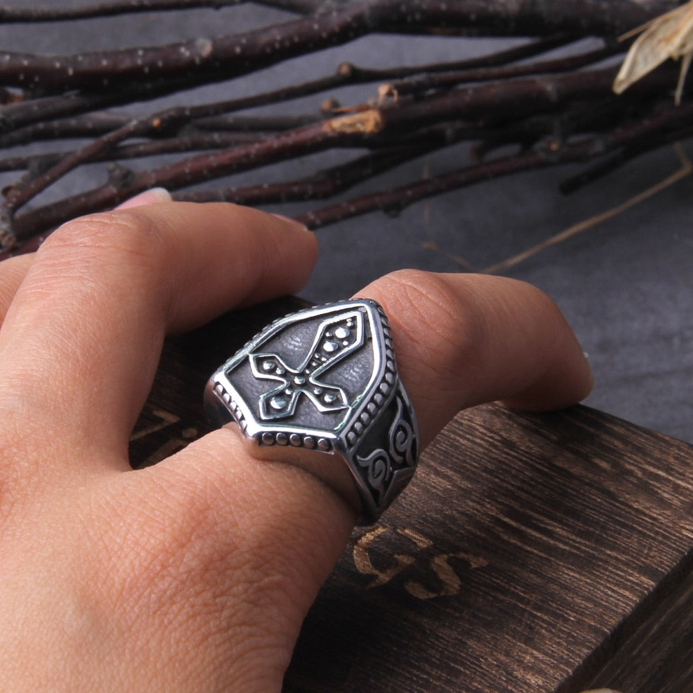 Gothic Cross And Shield Ring on a hand