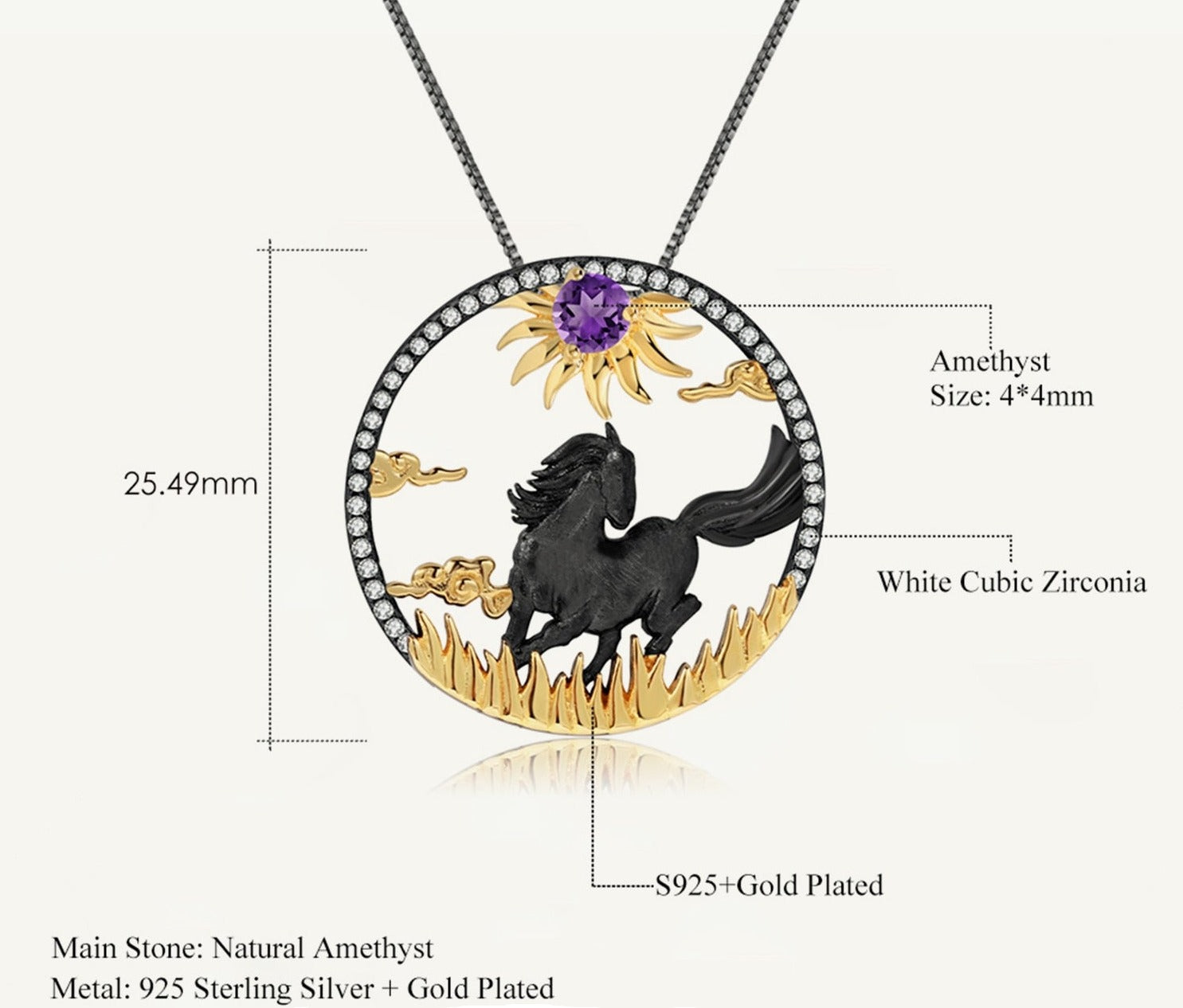 Dark Horse Natural Amethyst Gemstone Pendant sizing