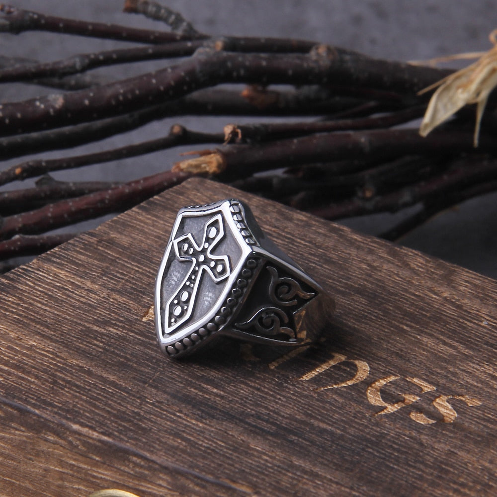 Gothic Cross And Shield Ring side view