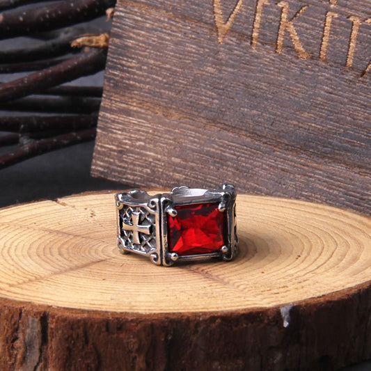 Gothic Cross With Red Gem Ring