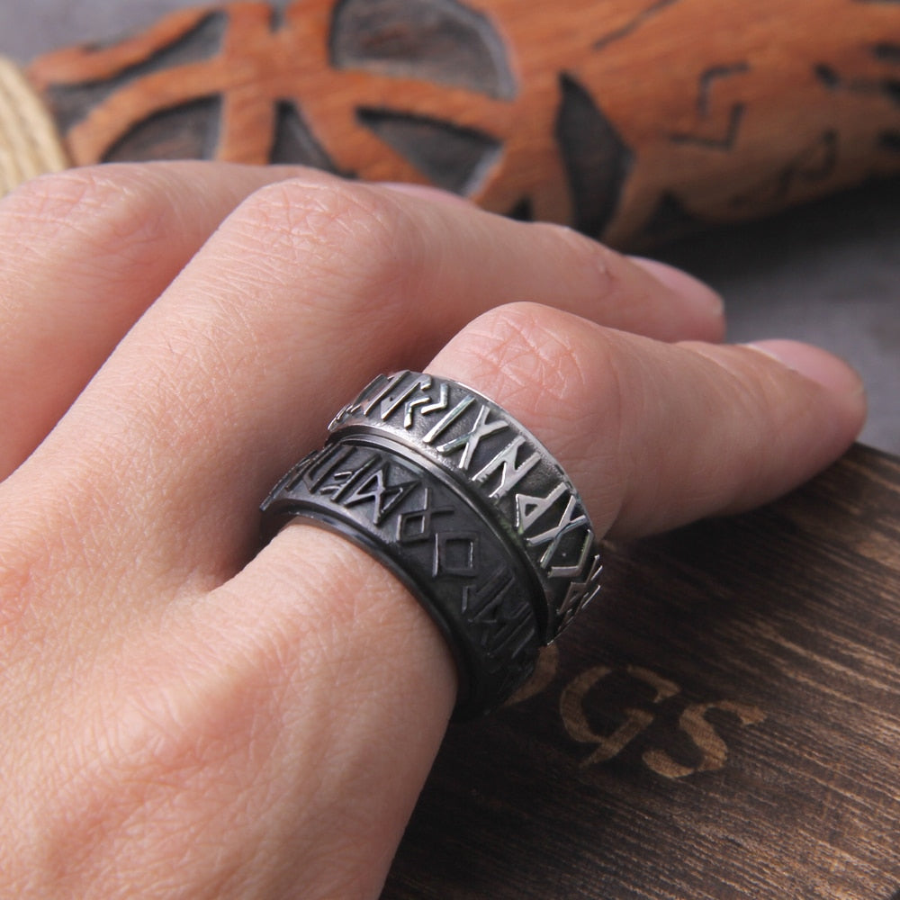 Rotating Runic Viking Ring silver and black