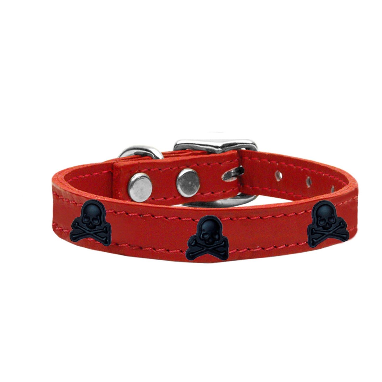 Skull Widget Genuine Leather Dog Collar Red