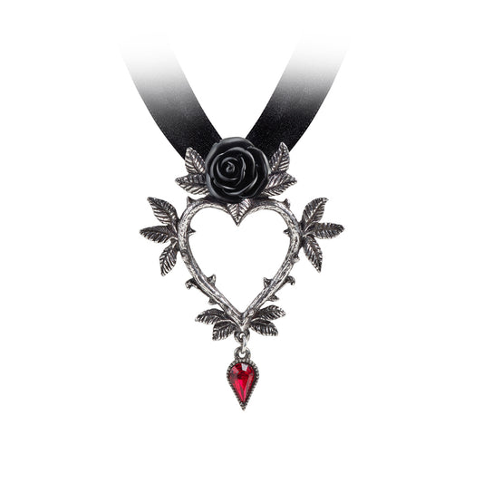 Thorny Black Rose Heart Necklace close up