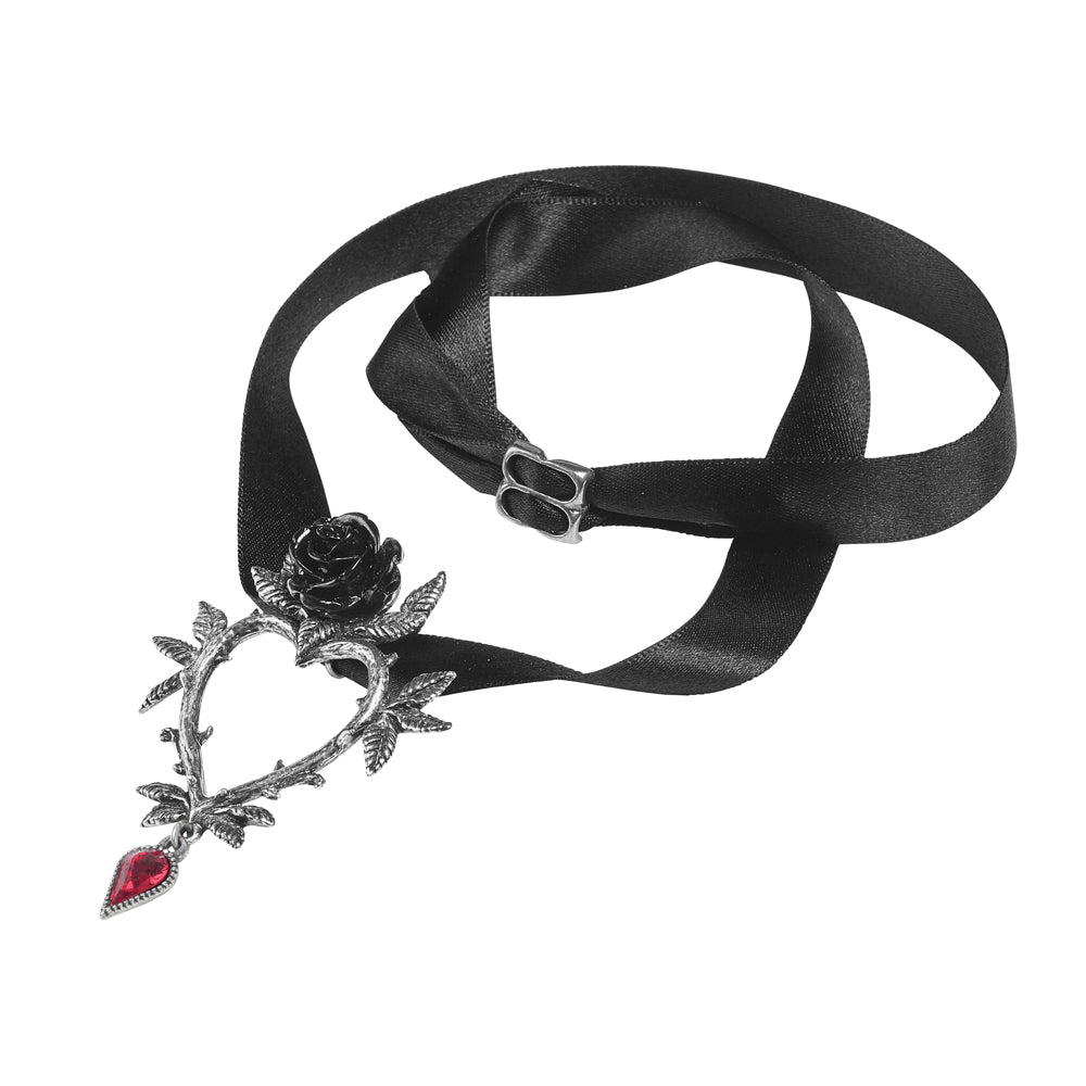 Thorny Black Rose Heart Necklace with ribbon