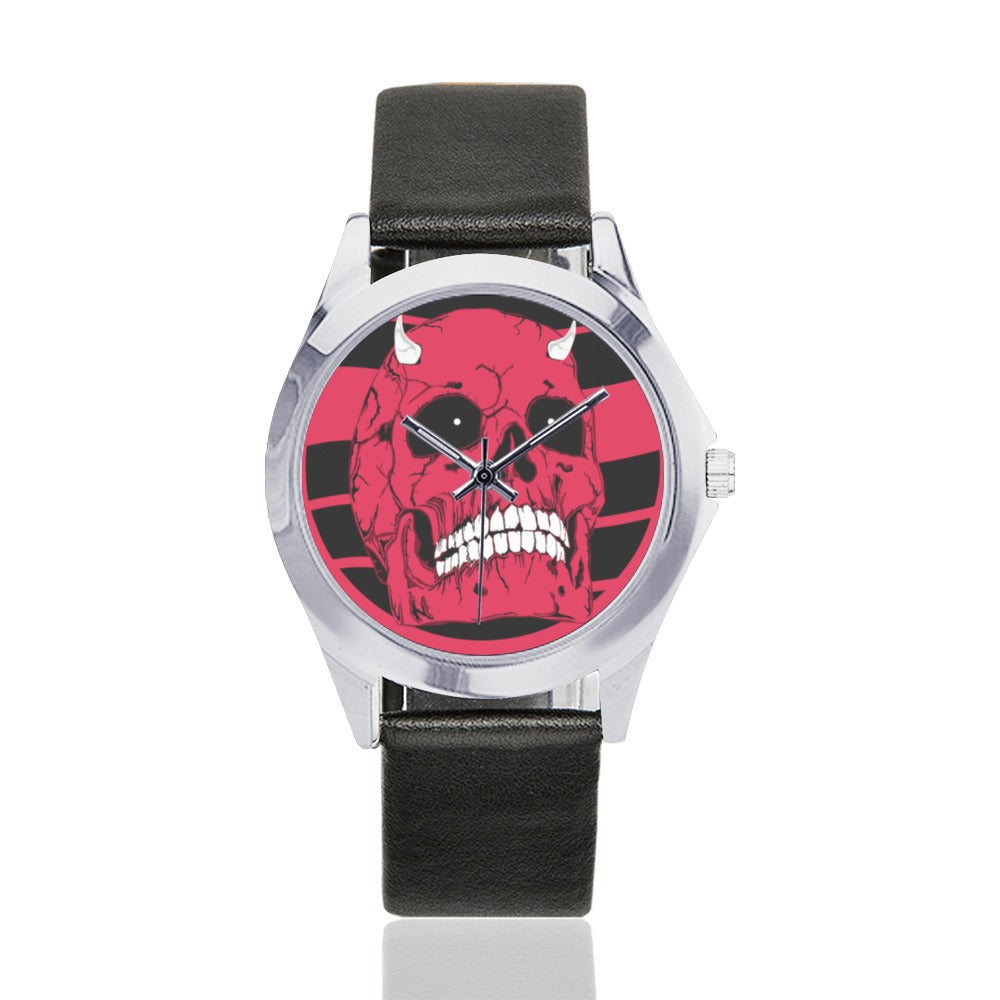 Red Devil Skull Silver-Tone Round Leather Watch