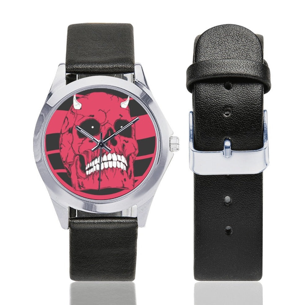 Red Devil Skull Silver-Tone Round Leather Watch
