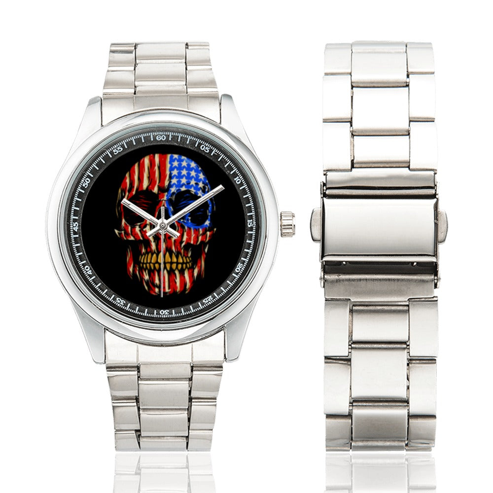 American Flag Skull Head Men's Stainless Steel Watch