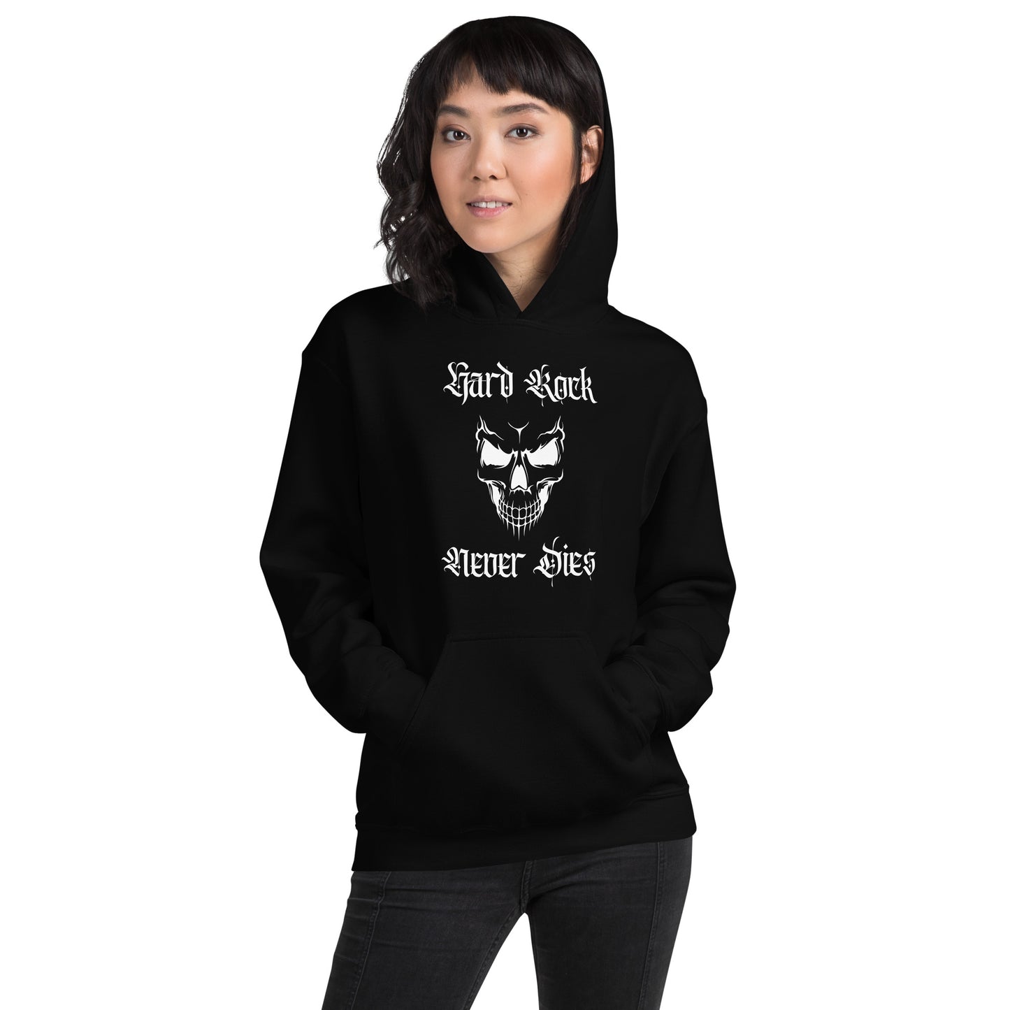 Hard Rock Never Dies Hoodie on a woman