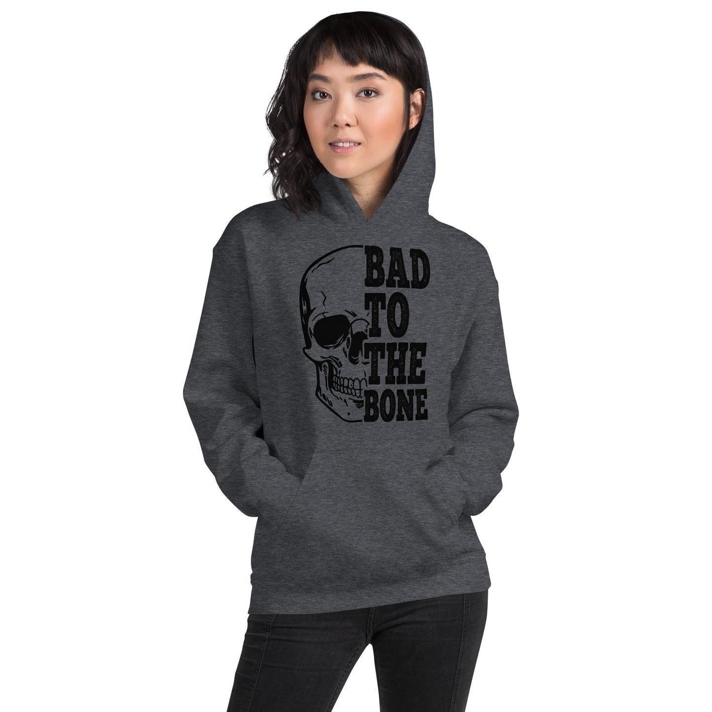 Bad To The Bone Skull Hoodie on a woman