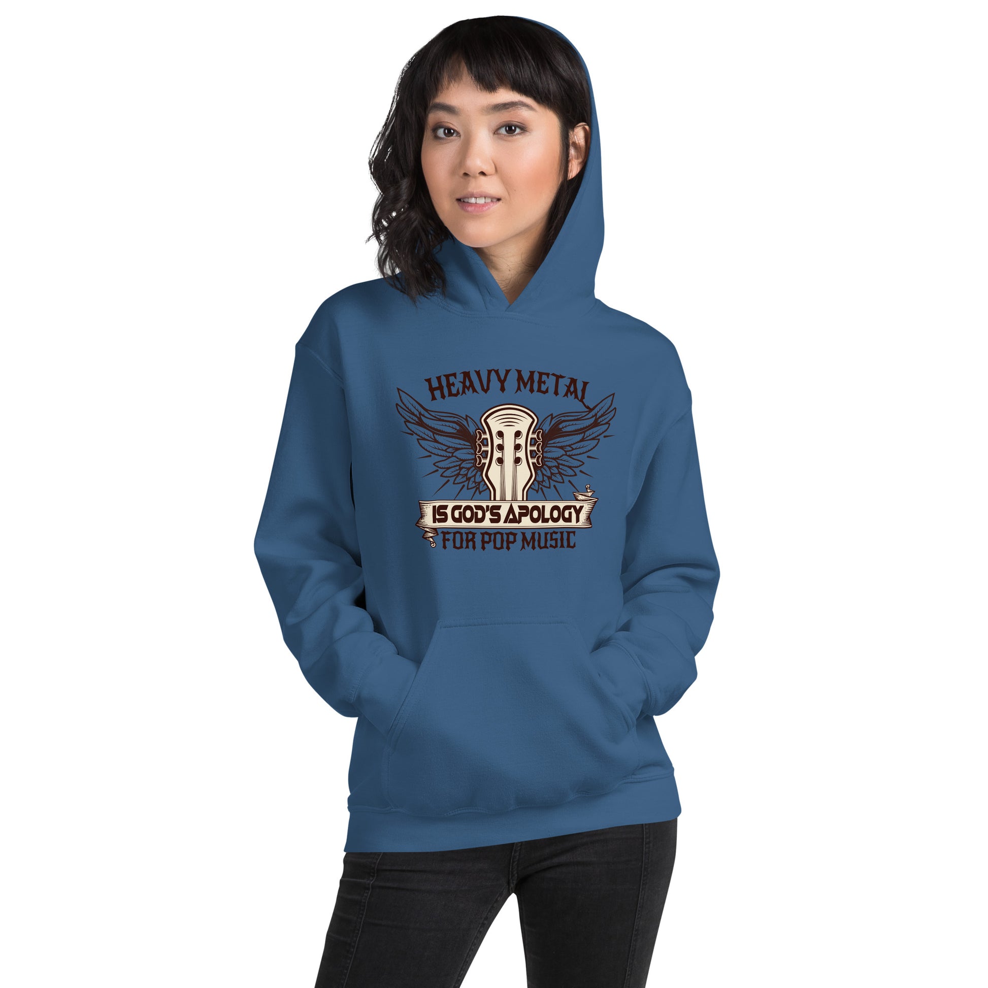 Heavy Metal Is God's Apology Hoodie on a woman