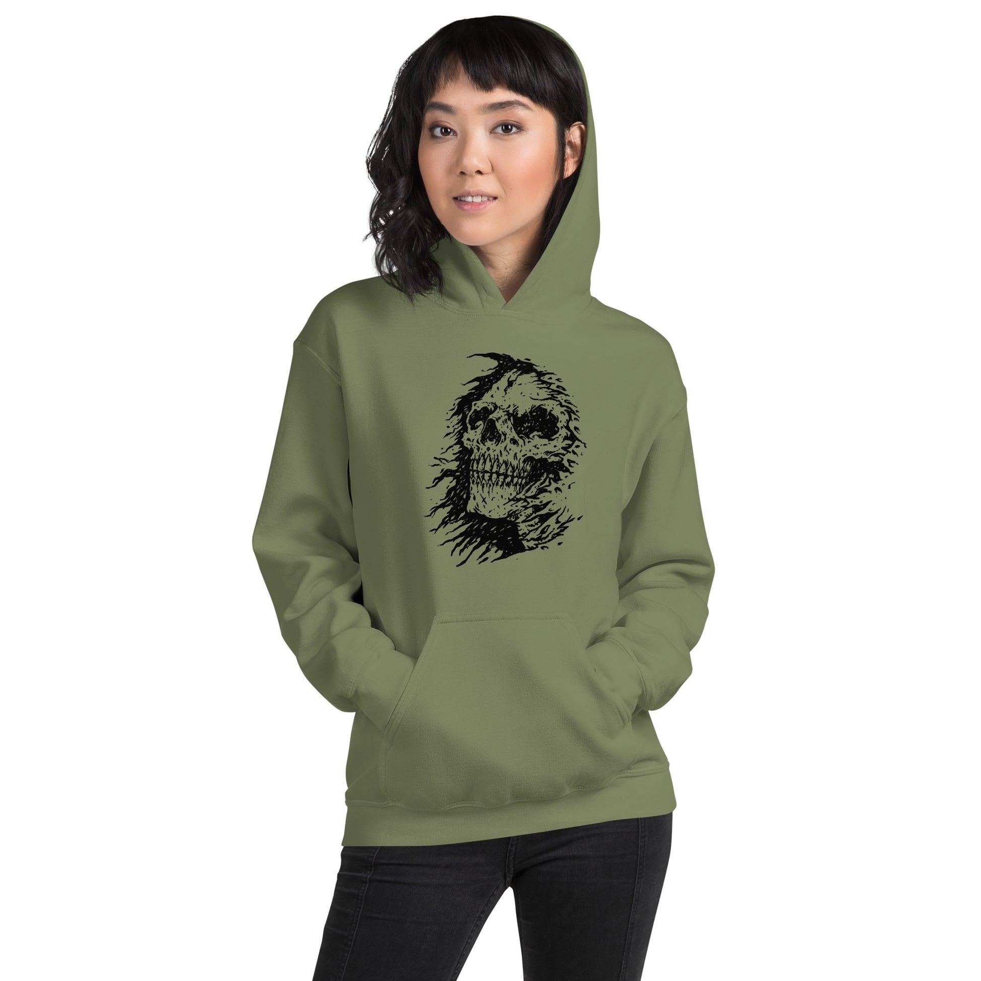 The Grim Reapers Skull Face Hoodie on a woman